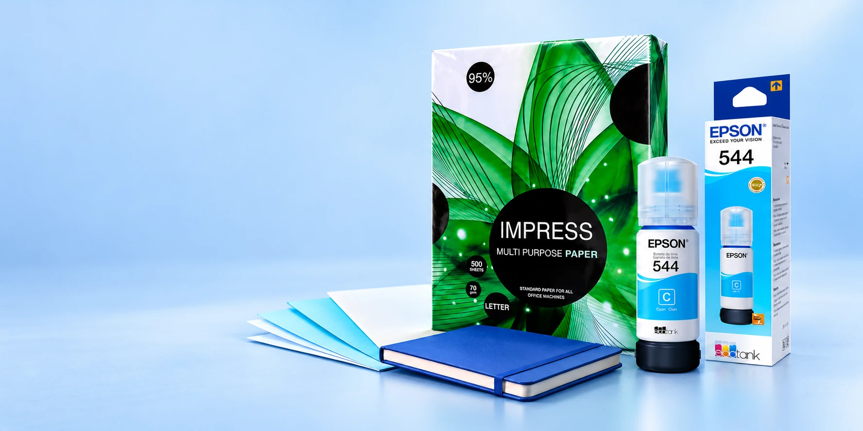 Papelería, tintas e insumos COLOR INSUMOS integrados en una composición azul