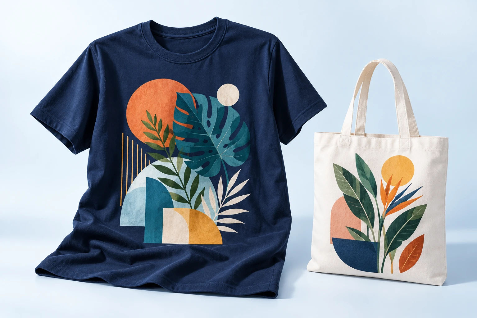 Composición ilustrativa de impresión DTF Textil en una franela y un bolso de tela