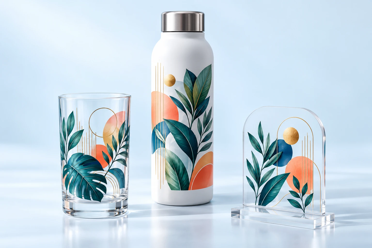 Composición ilustrativa de impresión DTF UV en vasos, envases y una pieza acrílica